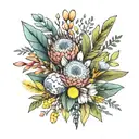 protea, eucalyptus leaves, wattle flowers, billy buttons and kangaroo paw in a bouquet tattoo design idea