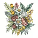 protea, eucalyptus leaves, wattle flowers, billy buttons and kangaroo paw in a bouquet tattoo design idea