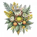 protea, eucalyptus leaves, wattle flowers, billy buttons and kangaroo paw in a bouquet tattoo design idea