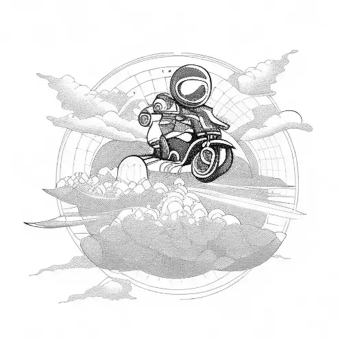 motorcycle rider within celestial planets Milky way galaxy mountains and sea waves tattoo design idea