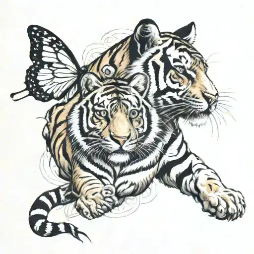 tiger watching butterfly flying tattoo design idea