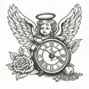 baby angel and broken clock  tattoo design idea