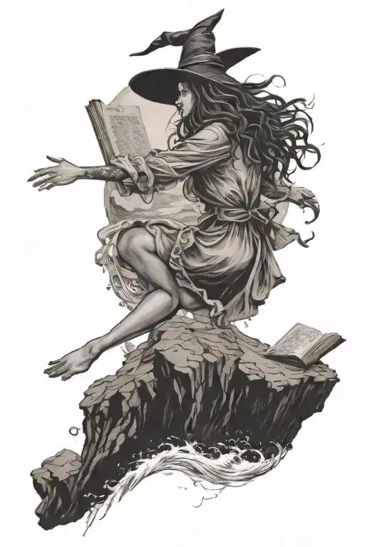 A witch jumping from a cliff to the sea. She have her arms open and facing back the sea. A black and a open book. Everyt tattoo design idea