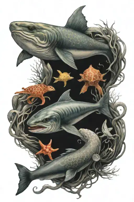 Sea creatures intertwined tattoo design idea
