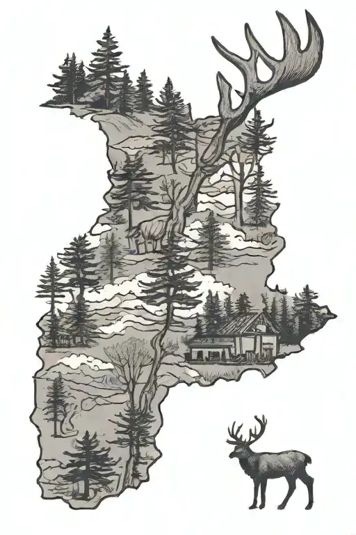 Minnesota outline filled in with dirt bike, cabin, trees, deer tattoo design idea