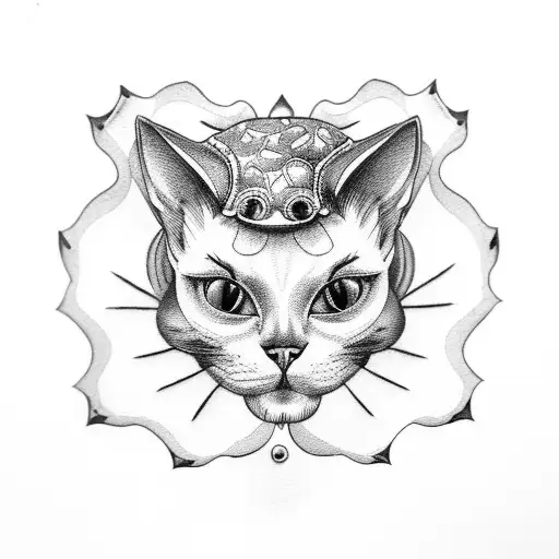 Cat skull mushrooms tattoo design idea
