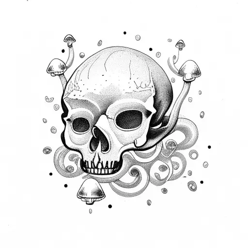 Cat skull mushrooms tattoo design idea