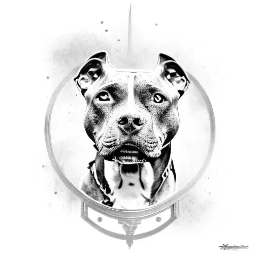 A black and grey realistic portrait of a pitbull with a halo of animal paw prints around its head tattoo design idea