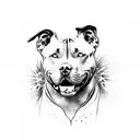 A black and grey realistic portrait of a pitbull with a halo of animal paw prints around its head tattoo design idea