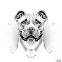 A black and grey realistic portrait of a pitbull with a halo of animal paw prints around its head tattoo design idea
