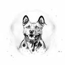 A black and grey realistic portrait of a pitbull with a halo of animal paw prints around its head tattoo design idea