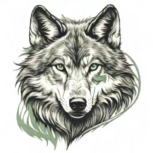 wolf with green eyes looking tattoo design idea