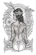 A tattoo for the back of a mixed-race woman from Brazil and Spain. represented as a virgin and warrior con flora y fauna tattoo design idea
