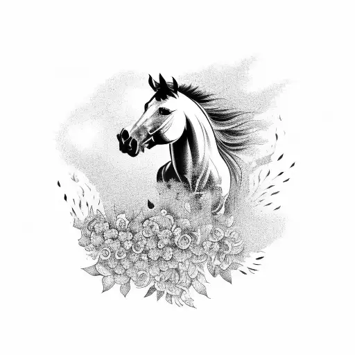 A black-grey tattoo of a horse running through a field of swirling flowers tattoo design idea