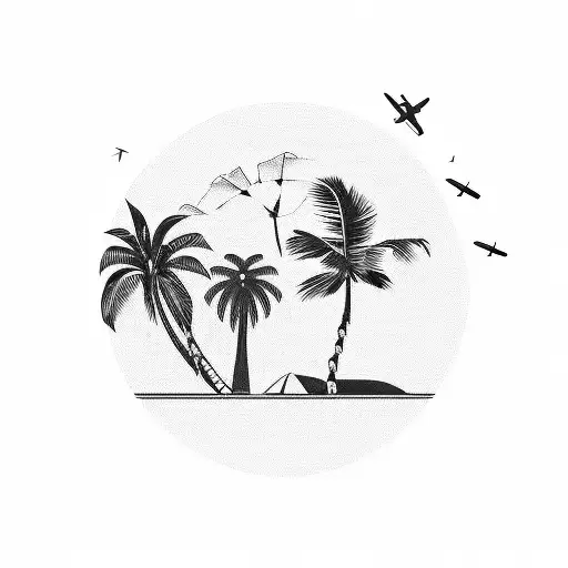 A blackwork tattoo of a palm tree with a plane taking off in the background, inspired by the client's favorite destination Utila tattoo design idea