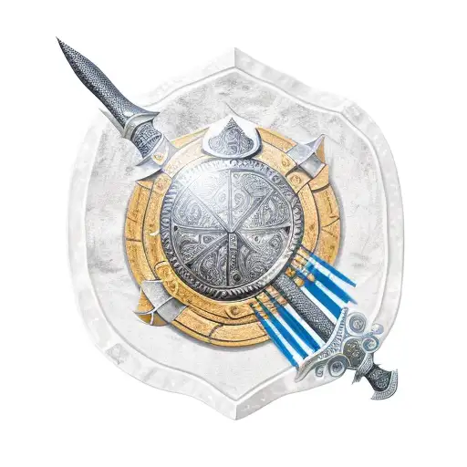 Troian shield crossed with spear and sword behind it. In the middle of the shield is the troian wood horse engraved tattoo design idea