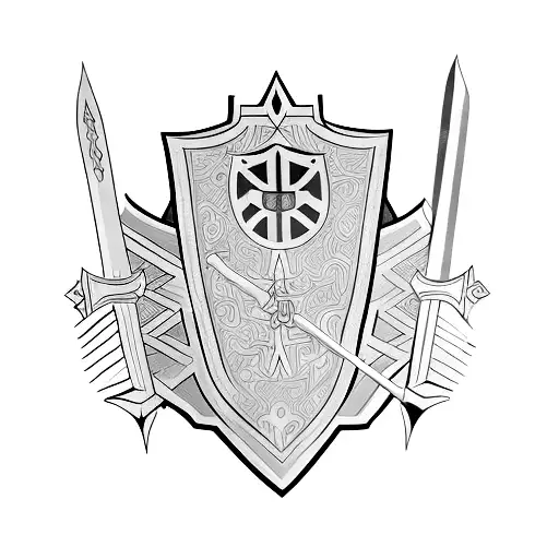 Troian shield crossed with spear and sword behind it. In the middle of the shield is the troian wood horse engraved tattoo design idea