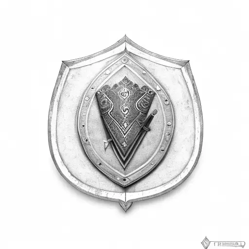 Troian shield crossed with spear and sword behind it. In the middle of the shield is the troian wood horse engraved tattoo design idea