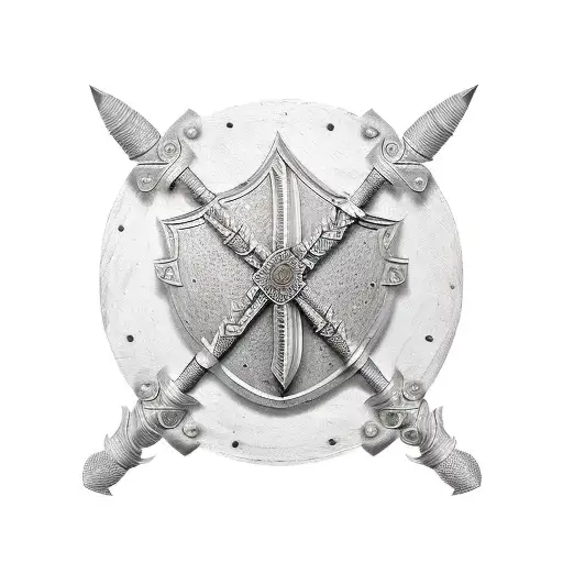 Troian shield crossed with spear and sword behind it. In the middle of the shield is the troian wood horse engraved tattoo design idea