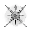 Troian shield crossed with spear and sword behind it. In the middle of the shield is the troian wood horse engraved tattoo design idea