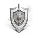 Troian shield crossed with spear and sword behind it. In the middle of the shield is the troian wood horse engraved tattoo design idea