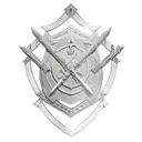 Troian shield crossed with spear and sword behind it. In the middle of the shield is the troian wood horse engraved tattoo design idea