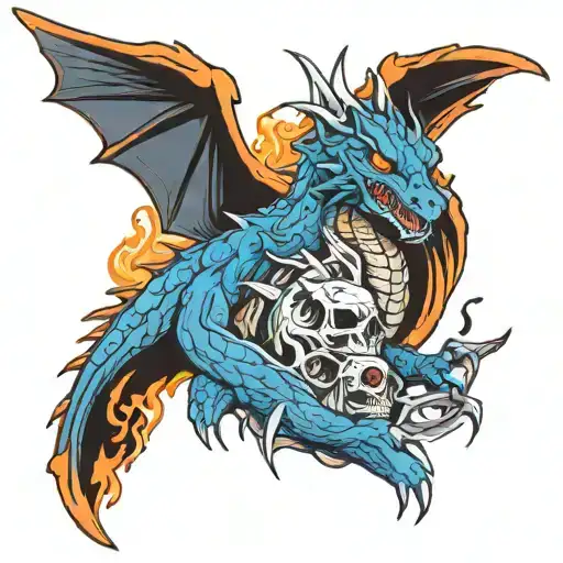 dragon with skulls and f16 on fire tattoo design idea