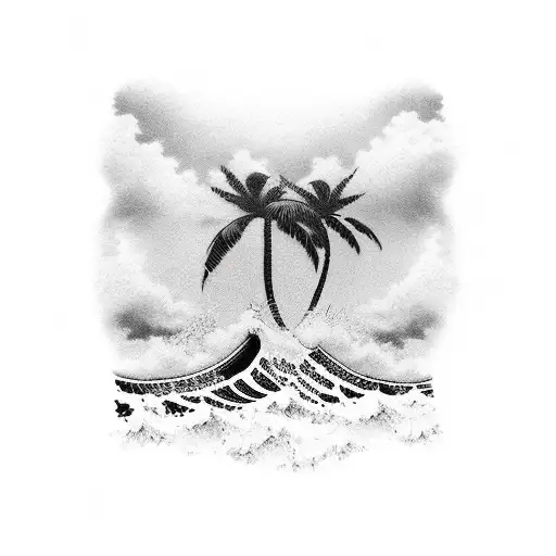 big wave, horizon, palm tree  tattoo design idea