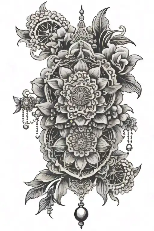 floral mandala with bead chandeliers tattoo design idea