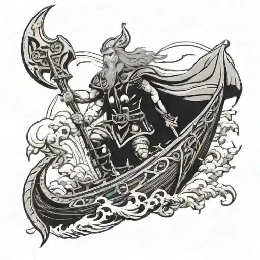 Thor on Viking ship sailing tattoo design idea