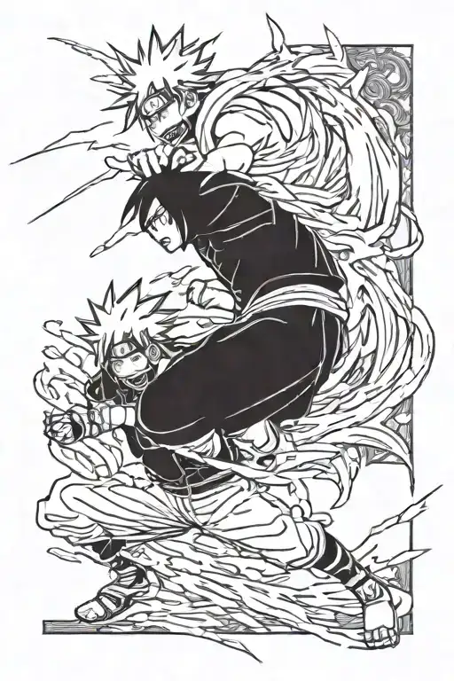 A dynamic and fierce battle scene between Naruto and Sasuke, showcasing their intense rivalry and power tattoo design idea