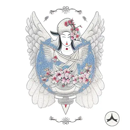 angel of the north with 2 magpies and cherry blossom tattoo design idea