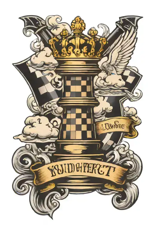 quote"you dont have to be perfect to begin but you have to begin to be perfect" in a chess piece with clouds and other tattoo design idea
