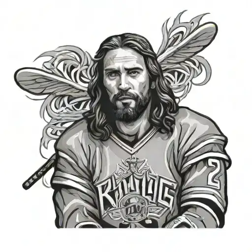 A portrait of Jesus wearing a hockey jersey with 'King Von' written in graffiti style in the background tattoo design idea