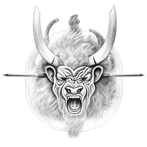 An angry buff minotaur wearing a loin cloth and holding a large axe tattoo design idea