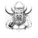 An angry buff minotaur wearing a loin cloth and holding a large axe tattoo design idea