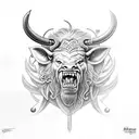 An angry buff minotaur wearing a loin cloth and holding a large axe tattoo design idea