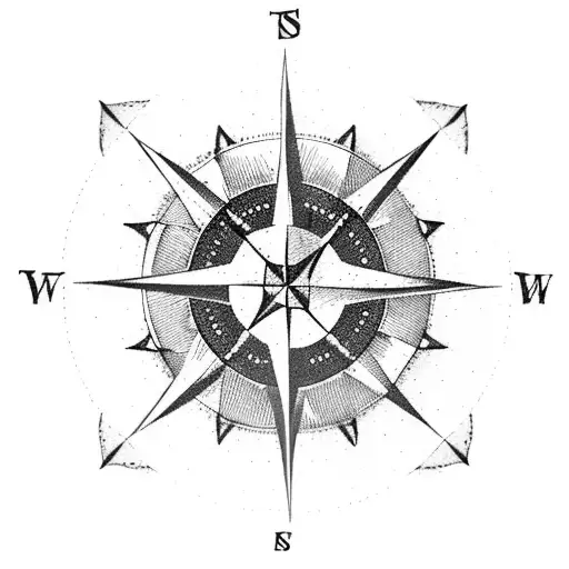 A compass rose made of coffee beans, with a mountain silhouette in the center and a knife crossed with a car key tattoo design idea