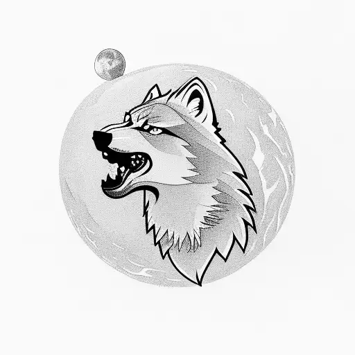 An intricate design of a wolf howling at the moon, with a mountain range in the background and a game controller hidden in the shadows tattoo design idea