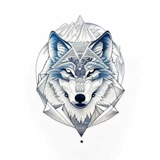 An intricate design of a wolf howling at the moon, with a mountain range in the background and a game controller hidden in the shadows tattoo design idea