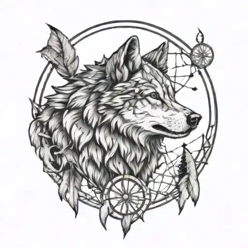 dreamcatcher wolf made of string  howling at moon tattoo design idea