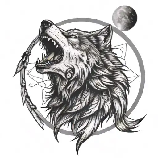 dreamcatcher wolf  howling at moon tattoo design idea