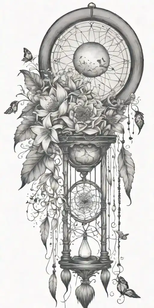 An hourglass moon dream catcher filled with lilies and butterflies Queen Anne's lace  nature tears broken depressed tattoo design idea