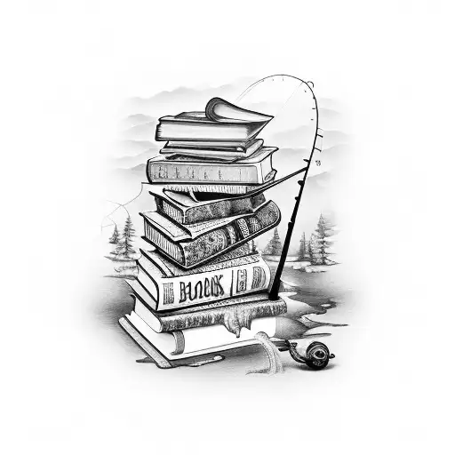 books and fishing tattoo design idea