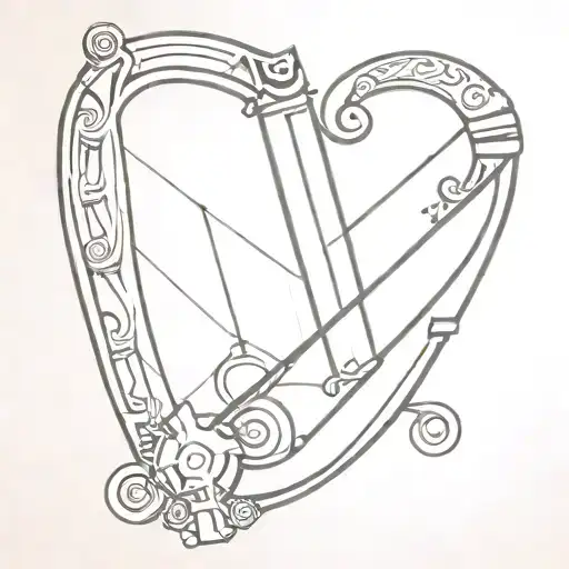 Create a minimalist design of an ancient Greek lyre intertwined with gears to symbolize the harmony between music and machinery tattoo design idea