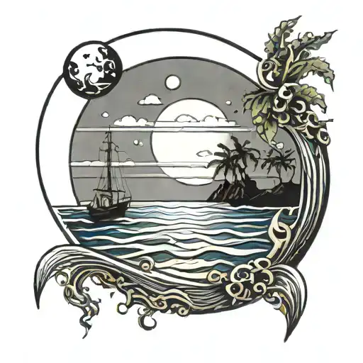 sea, sunset , moon tattoo design idea