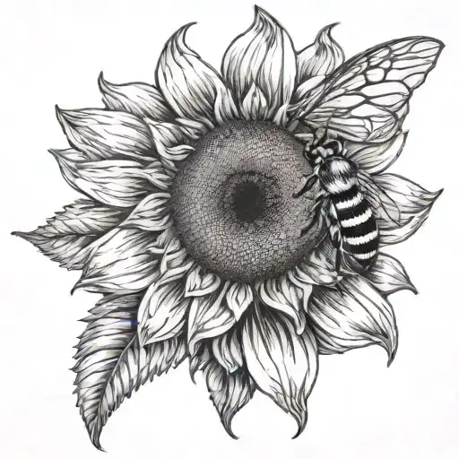 ladies face, sunflower and bee's  tattoo design idea