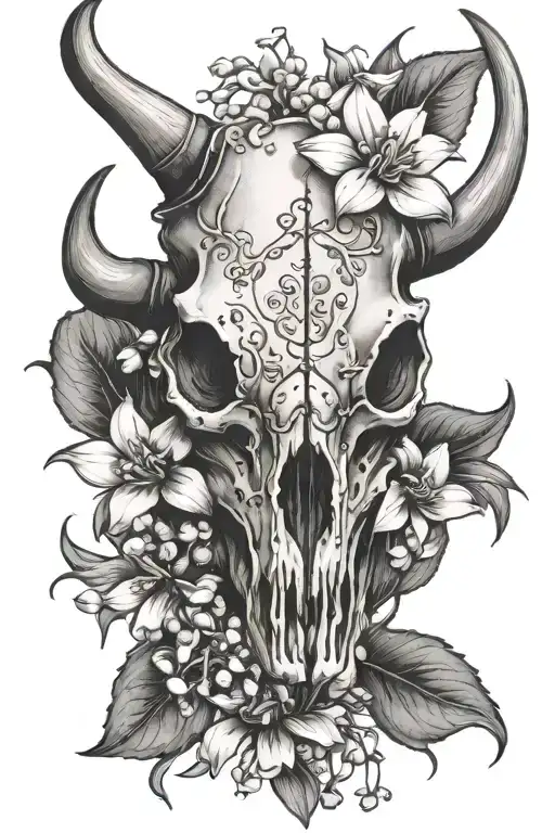bull skull with lily of the valley flower tattoo design idea