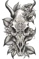 bull skull with lily of the valley flower tattoo design idea