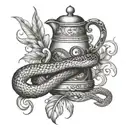 A dotwork design of a snake wrapped around a coffee pot with duck feathers incorporated in the background tattoo design idea